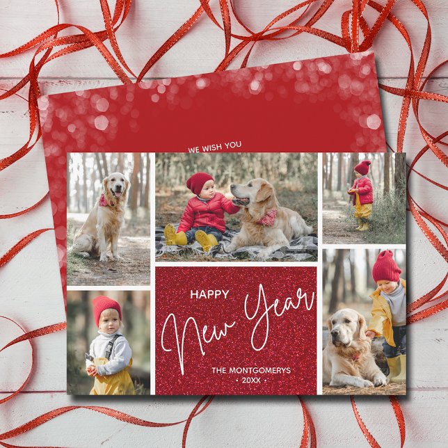 Cartão De Festividades Feliz ano novo em Red Multi Photo (Happy New Year on Red Multi Photo Holiday Cards)