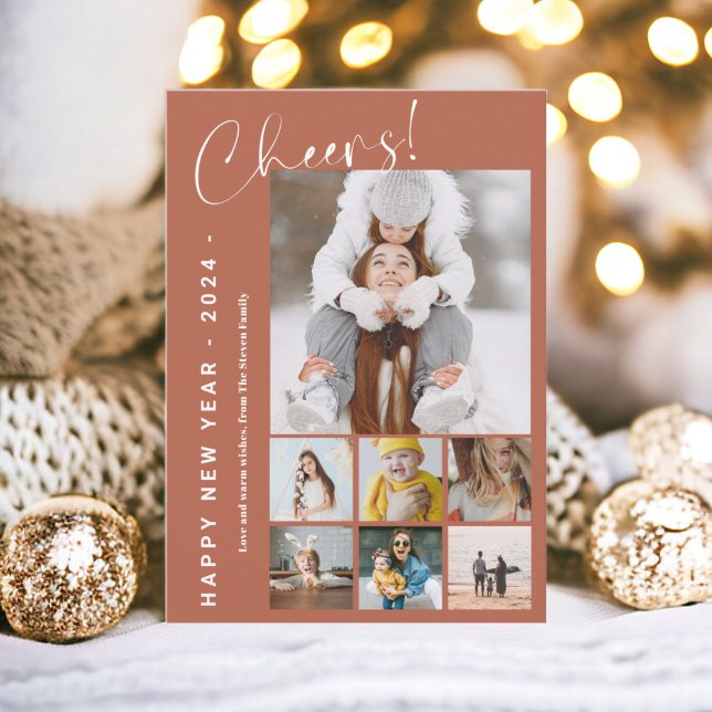 Cartão De Festividades Feliz ano novo em revisão aplaude 9 foto terracott (Happy New Year in review cheers 9 photo terracotta Holiday Card)