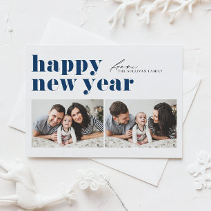 Cartão De Festividades Feliz Ano Novo em Tipografia Retro Azul Marinho