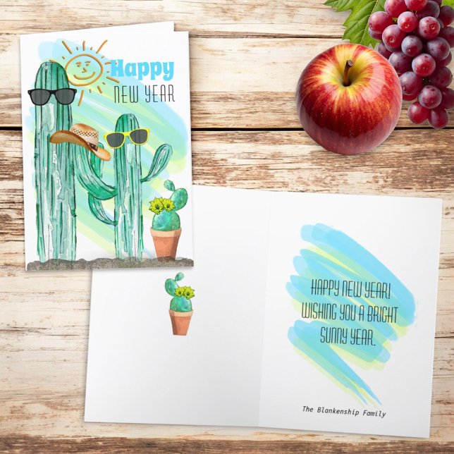 Cartão De Festividades Feliz ano novo Engraçado Sudoeste Saguaro Cactus (greeting card template front cover and inside)