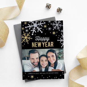 Cartão De Festividades Feliz Ano Novo Foto com Brilho Prata e Dourado