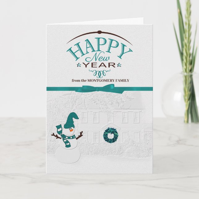 Cartão De Festividades Feliz ano novo Front Yard Snowman com Nome (Frente)