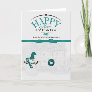 Cartão De Festividades feliz ano novo Front Yard Snowman com Nome