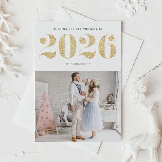 Cartão De Festividades feliz ano novo Moderno Glitter Dourado 2025 Faux (Ring in 2026 with this sparkly Happy New Year photo card featuring faux gold glitter.)