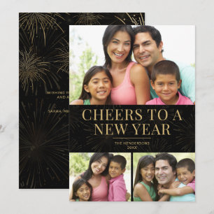 Cartão De Festividades Feliz Ano Novo Moderno Preto Dourado Família 3 Fot