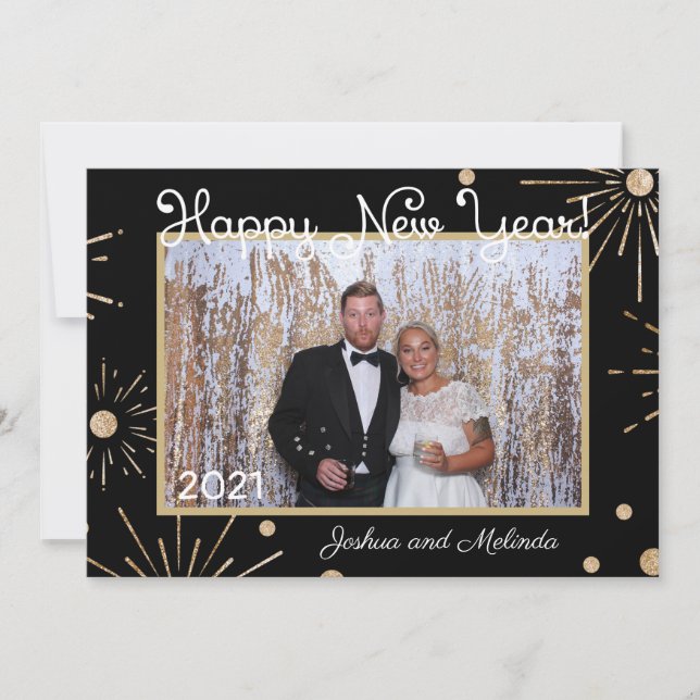 Cartão De Festividades Feliz Ano Novo Ouro Preto Adicione Sua Própria Fot (Frente)