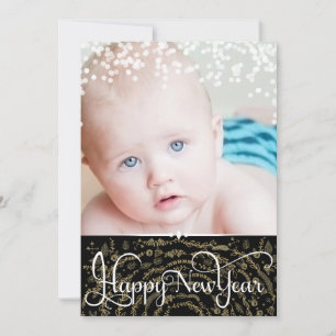Cartão De Festividades Feliz Ano Novo Rustico Madeira Brilho Estrelas Nat