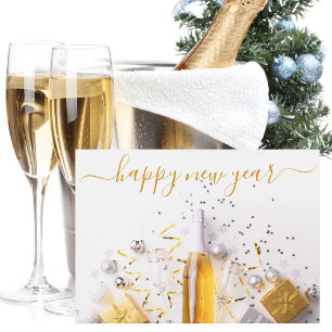 Cartão De Festividades Feliz Ano Novo Serpentinas de Champagne Dourado Ch