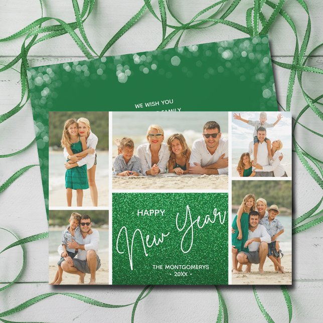 Cartão De Festividades Feliz ano novo sobre multifoto verde (Happy New Year on Green Multi Photo Holiday Cards)