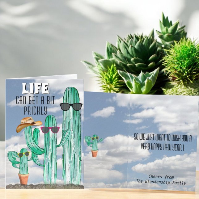 Cartão De Festividades Feliz ano novo Sudoeste de Saguaro Cactus (fun cactus greeting card cover and inside template )