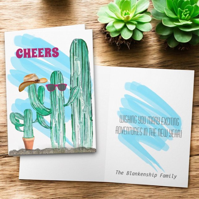 Cartão De Festividades Feliz ano novo Sudoeste Saguaro Cactus (greeting card cactus template cover and inside)