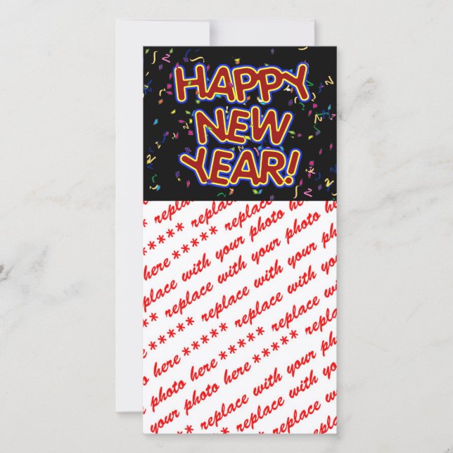 Cartão De Festividades Feliz ano novo - Texto Vermelho com Confetti (Frente)