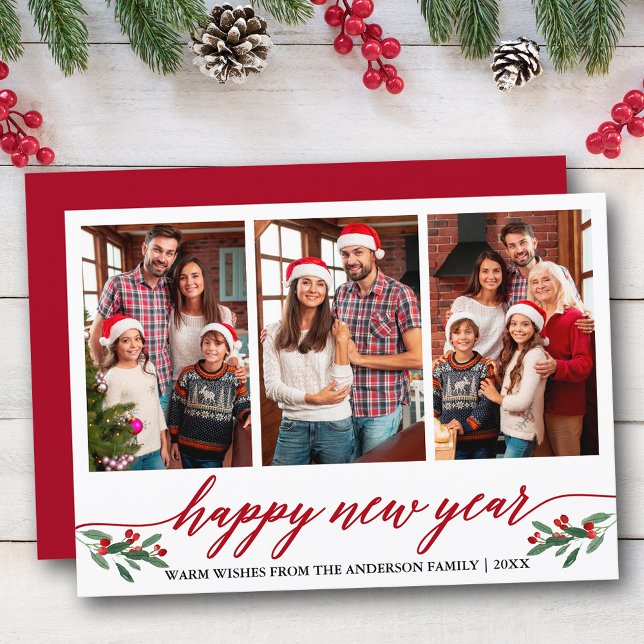 Cartão De Festividades Feliz ano novo Vermelho de Fotografia 3 Moderna Ca (Customize to add text to back of card or to change color of  back of card.)