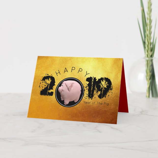 Cartão De Festividades Feliz Ano PIg 2019 ouro 3D Original Saudação C (Frente)