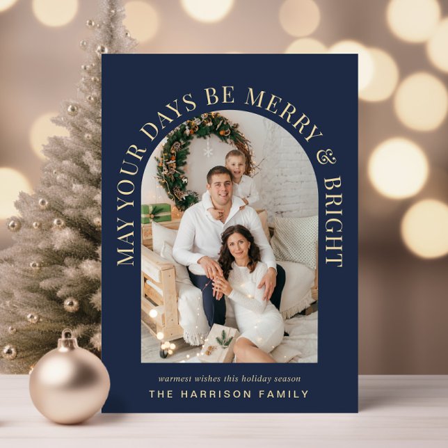 Cartão De Festividades Feliz azul brilhante de fotografia em arco elegant (Share the love and warmth of the season with an elegant arch photo Christmas card)