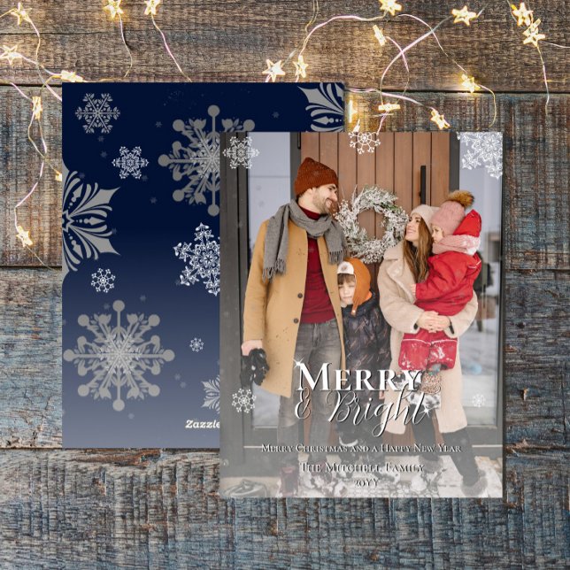 Cartão De Festividades Feliz Azul e Neve Brilhante Foto de Natal (Blue Merry and Bright Snowflakes Christmas Photo Holiday Card)