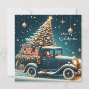 Cartão De Festividades Feliz carro vintage de Natal com árvore de Natal