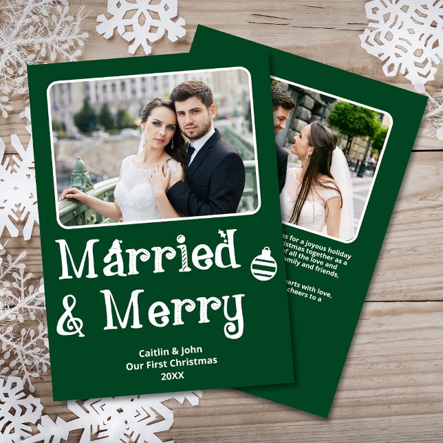 Cartão De Festividades Feliz casada - Novamente 1rua Foto de Natal Verde (Married & Merry Custom Photo Christmas Card in Green, with Personal Message & Photo on back.)
