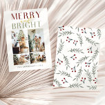 Cartão De Festividades Feliz Chic e Quatro Foto Brilhante<br><div class="desc">Um cartão de feriado elegante e chic com uma letra de script dizendo "feliz e brilhante" e quatro fotos personalizáveis na frente com cerejas aquáticas e padrão de folhas na parte de trás. Perfeito como um cartão de Natal personalizado para enviar à sua família,  amigos e entes queridos.</div>