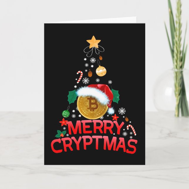 Cartão De Festividades Feliz Cryptmas Bitcoin Blockchain Árvore de Natal  (Frente)