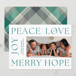 Cartão De Festividades Feliz das Letras Verdes de Natal JOY PEACE AMOR fo