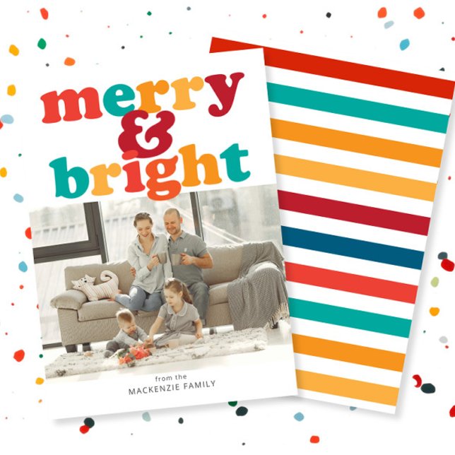 Cartão De Festividades Feliz de Natal e Foto Brilhante Personalizadas (Christmas Merry and Bright Photo Personalized Holiday Card by Ricaso. Fun, colorful & bold cards)