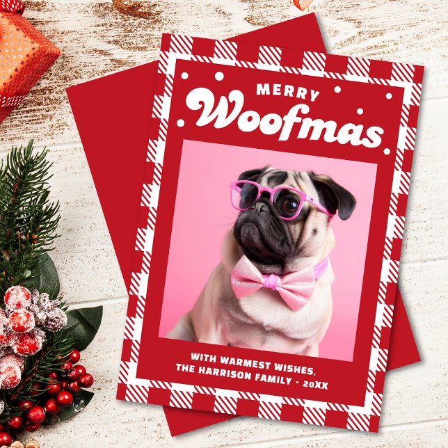 Cartão De Festividades Feliz de padrões Gingham Cute Woofmas (Criador carregado)