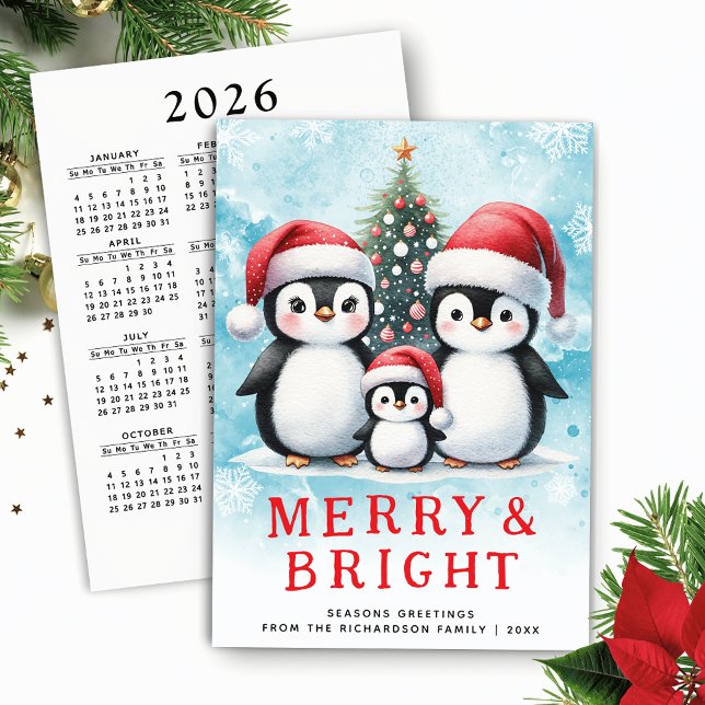 Cartão De Festividades Feliz de pinguins bonitos e azul brilhante Natal V (Cute Penguins Family Christmas Card with Merry and Bright Greetings and 2026 Calendar)