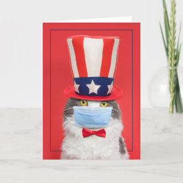 Cartão De Festividades Feliz Dia 4 de julho Gato Patriótico em Face Másca
