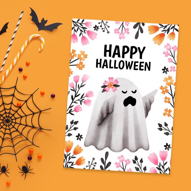 Cartão De Festividades Feliz Dia das Bruxas Fantasma com Flores Pastel (Cute Ghost Halloween Card with Pastel Florals)