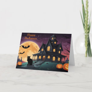 Cartão De Festividades Feliz Dia das Bruxas Gato Preto e Casa Assombrada 