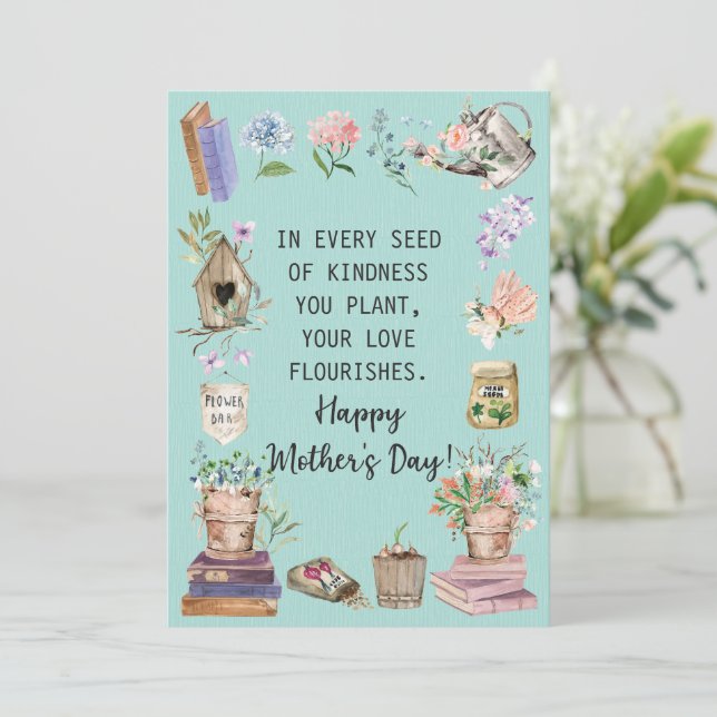 Cartão De Festividades Feliz Dia das Mães Aquarela Floral Jardim  (Em pé/Frente)