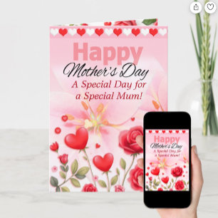 Cartão De Festividades Feliz Dia das Mães Corações Florais e Flores Rosa