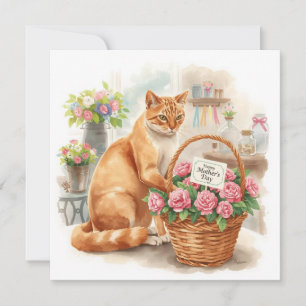 Cartão De Festividades Feliz Dia das Mães Gato Ruivo Arranjando Flores