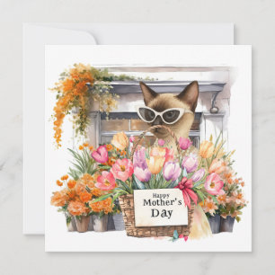Cartão De Festividades Feliz Dia das Mães Gato Siames Arranjando Flores