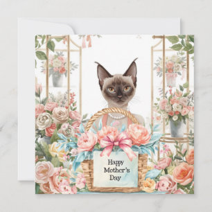 Cartão De Festividades Feliz Dia das Mães Gato Siamesa Arranjando Flores