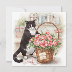 Cartão De Festividades Feliz Dia das Mães Gato Tuxedo Arranjando Flores