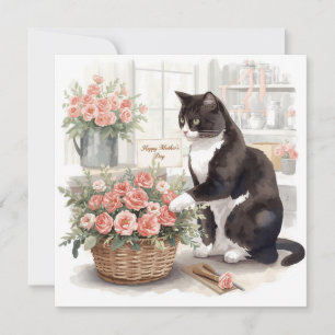 Cartão De Festividades Feliz Dia das Mães Gato Tuxedo Arranjando Flores