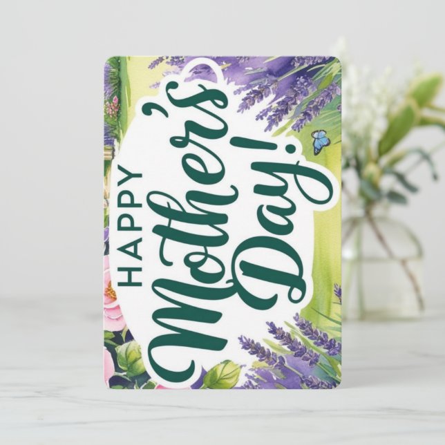Cartão De Festividades Feliz Dia das Mães Rosa Graden Borboletas Verde  (Em pé/Frente)