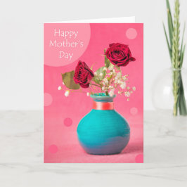Cartão De Festividades Feliz Dia das Mães Rosas Vermelhas em Vaso Azul so