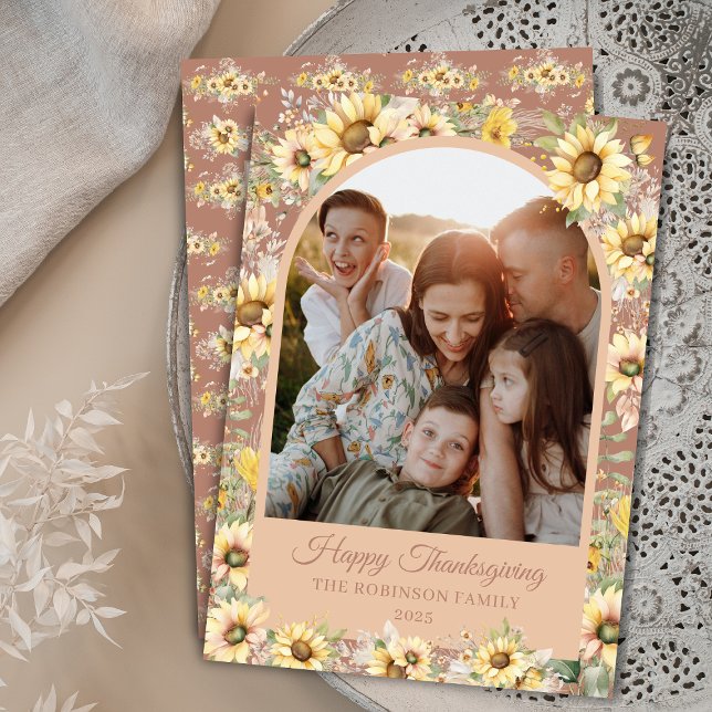 Cartão De Festividades Feliz Dia de Ação de Graças da Fazenda de Girassol (elegant dusty rose and sunflowers autumn fall arch photo Happy Thanksgiving cards with personalized)