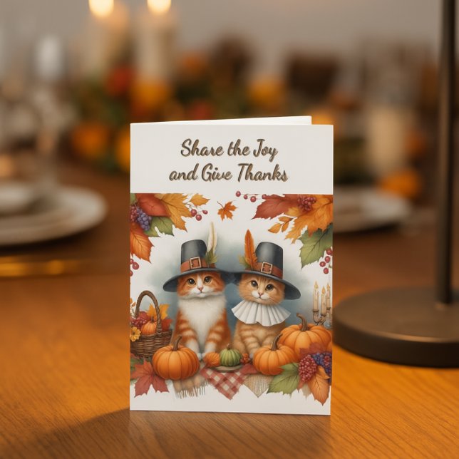 Cartão De Festividades Feliz Dia de Ação de Graças Feliz Feriado de Gatos (Thanksgiving card with Cute Pilgrim Cats. Personalize greeting inside)