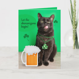 Cartão De Festividades Feliz Dia de São Patrício Gato Divertido Com Cerve