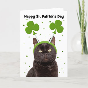 Cartão De Festividades Feliz Dia de São Patrício Gato Preto em Trevos