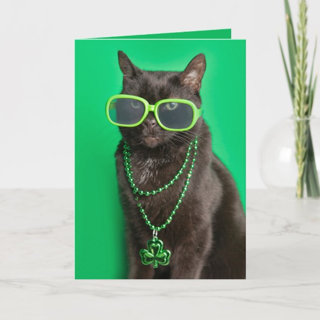 Cartão De Festividades Feliz Dia de São Patrício Gato Verde Humor  (Frente)