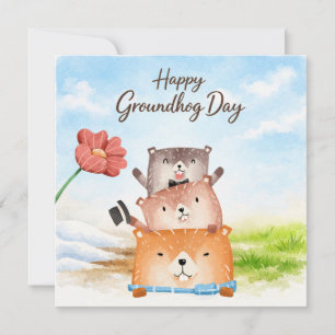 Cartão De Festividades Feliz Dia do Groundhog Aquarela Saudação
