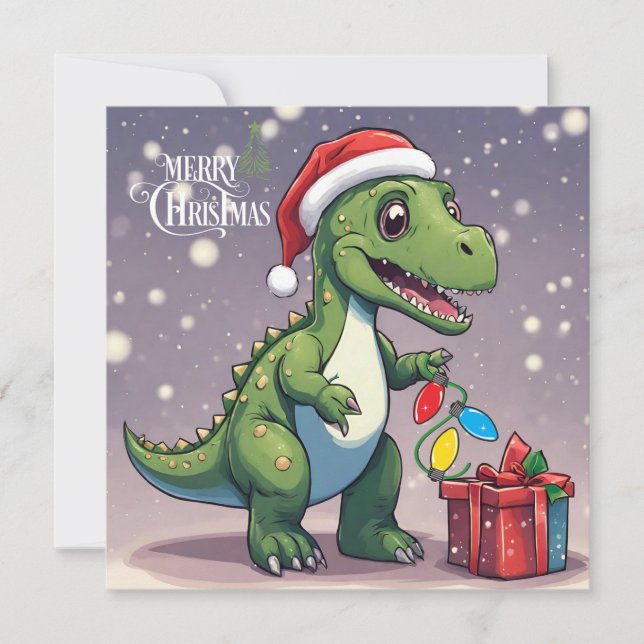 Cartão De Festividades Feliz Dinossauro de Natal com Presente (Frente)