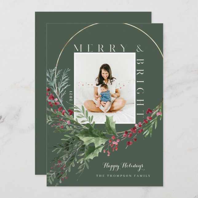 Cartão De Festividades Feliz e aquarela Brilhante Foto de Wreath Greenery (Frente/Verso)