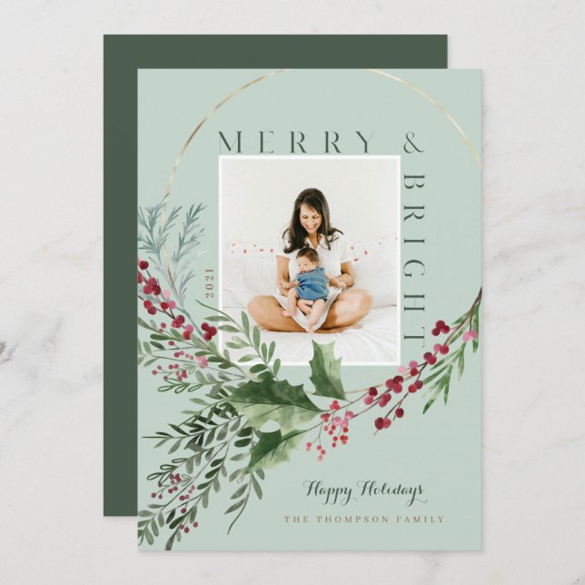 Cartão De Festividades Feliz e aquarela Brilhante Foto de Wreath Greenery (Frente/Verso)