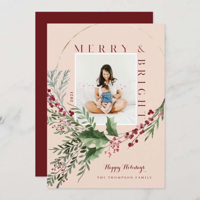 Cartão De Festividades Feliz e aquarela Brilhante Foto de Wreath Greenery (Frente/Verso)